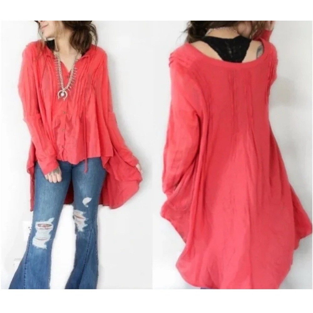 Free People Sisters of the Moon Top‎ Womens Small Coral Pink Oversized Hi Lo